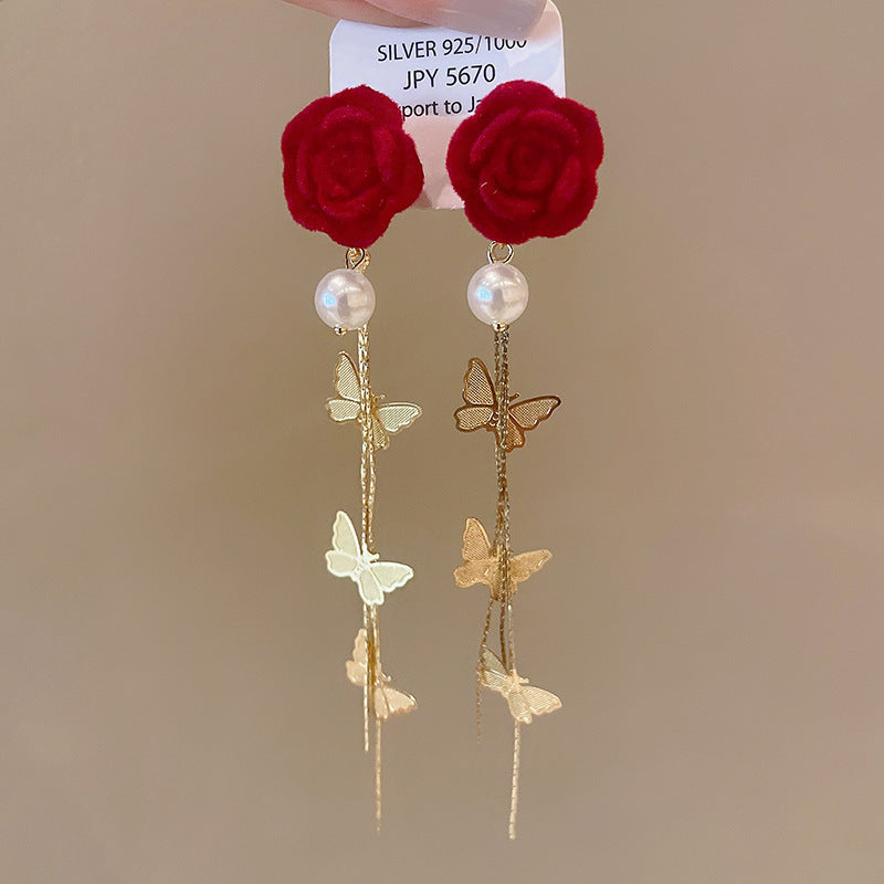 Elegant Geometric Dangle Stud Earrings for Women with Red Tassels, Alloy Base and Gold Plated Finish