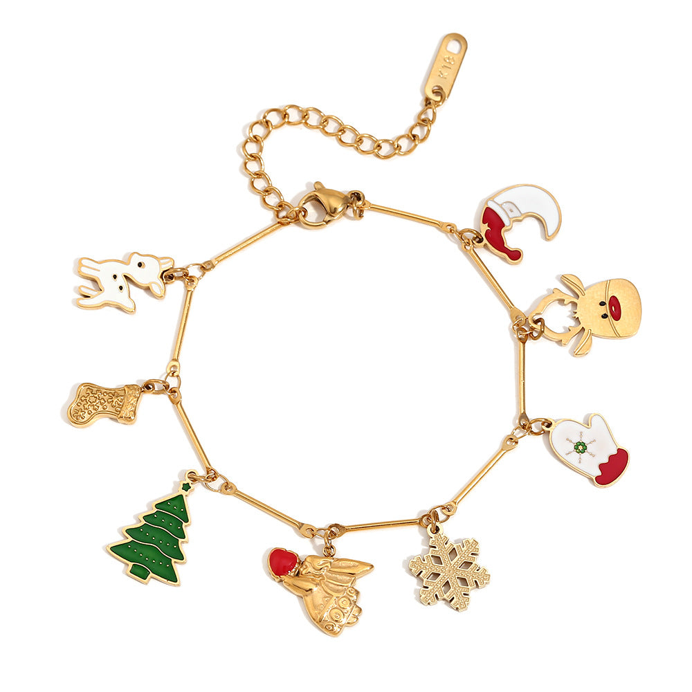 Collana con ciondolo a cartone animato natalizio carino da donna, in acciaio inossidabile con placcatura in oro 18 carati, catena a serpente con motivi a fiocco di neve, renna e campanella di Babbo Natale