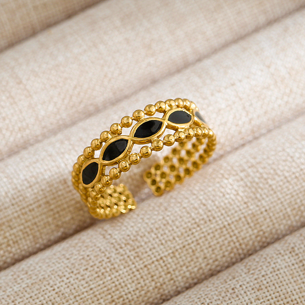 Anillo de acero de titanio con forma de U, estilo punk, chapado en oro de 18 quilates y detalles de microincrustaciones de piedra de lava ovalada