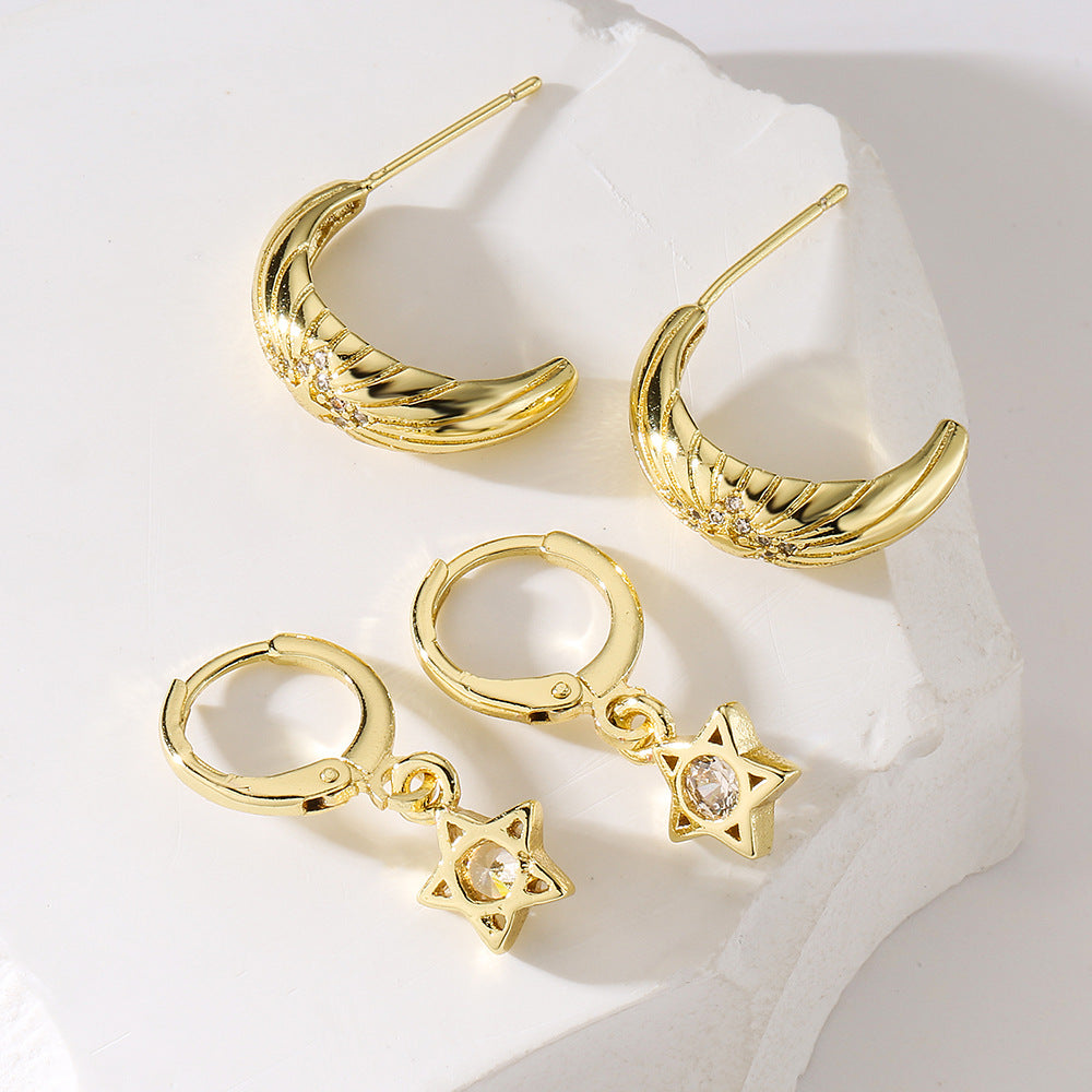 Geometric Star-Shaped Copper Earrings with 18K Gold Plating and Micro-Pave Zirconia for Women