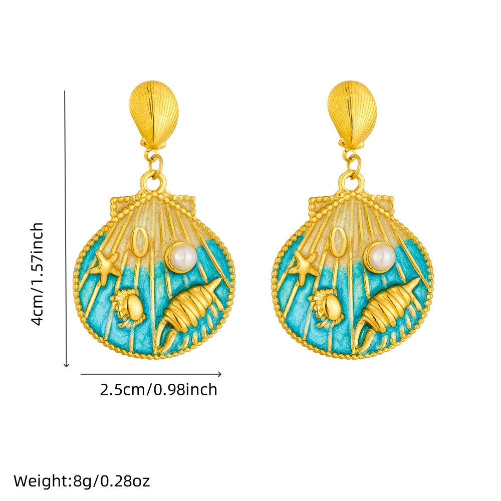 Pendientes de acero inoxidable para mujer con colgante de esmalte de vieira, estrella de mar y concha, con diseño de dibujos animados, bonitos, inspirados en el océano y con degradado.