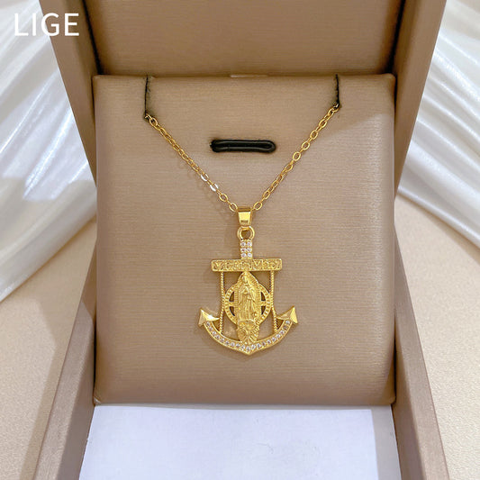 Collar con colgante de ancla estilo dibujos animados para mujer y hombre con cadena de acero de titanio, forma geométrica, base de acero inoxidable, cadena de clavícula elegante con detalles de diamantes de imitación completos