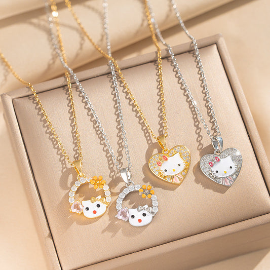 Collana con ciondolo dolce e carino a forma di gattino in acciaio al titanio placcato oro, con fiocco e design a fumetto, motivo a cuore, catena a O per donne