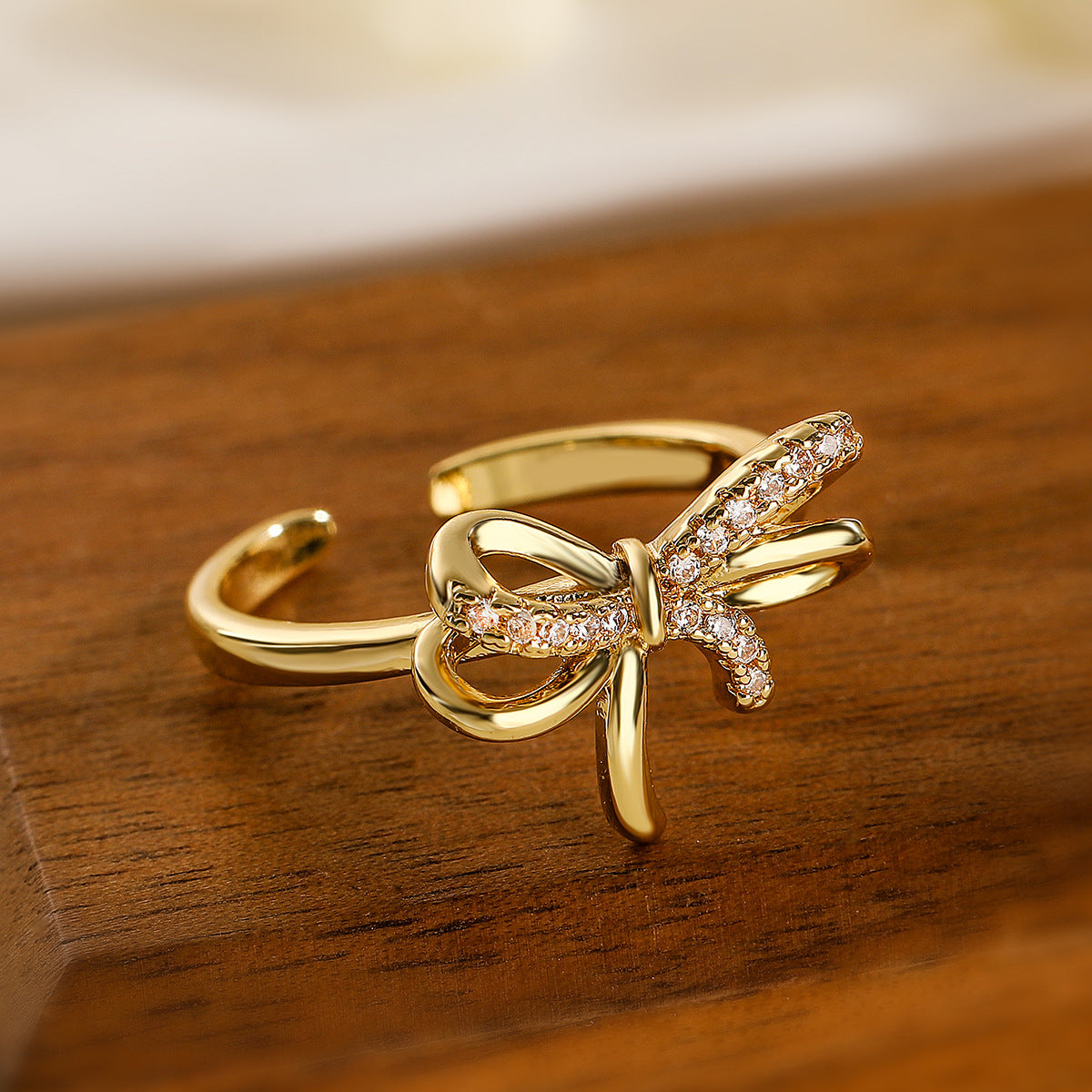 Minimalist Bowknot-Shaped Open Ring for Women Made of Copper with Micro-Pave Zirconia Accents