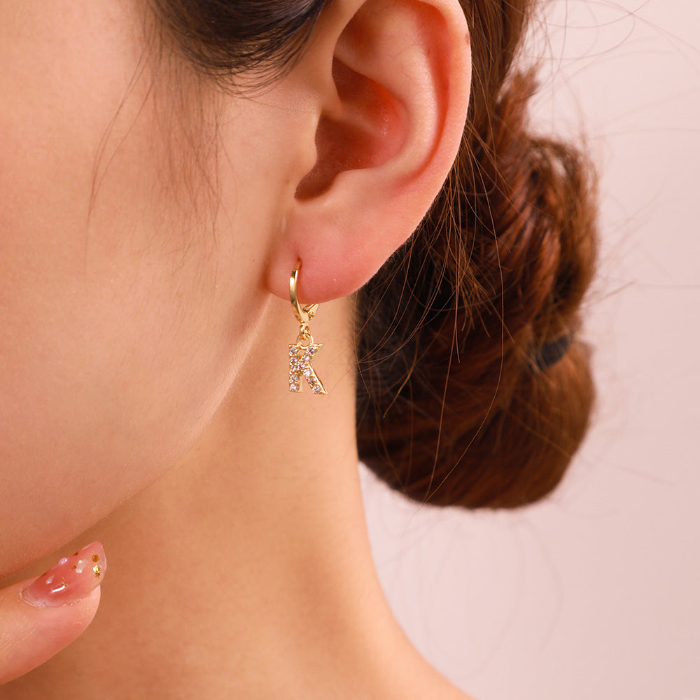 Minimalist Elegant Gold Plated Brass Micro-Inlaid Cubic Zirconia Letter Hoop Earrings for Women