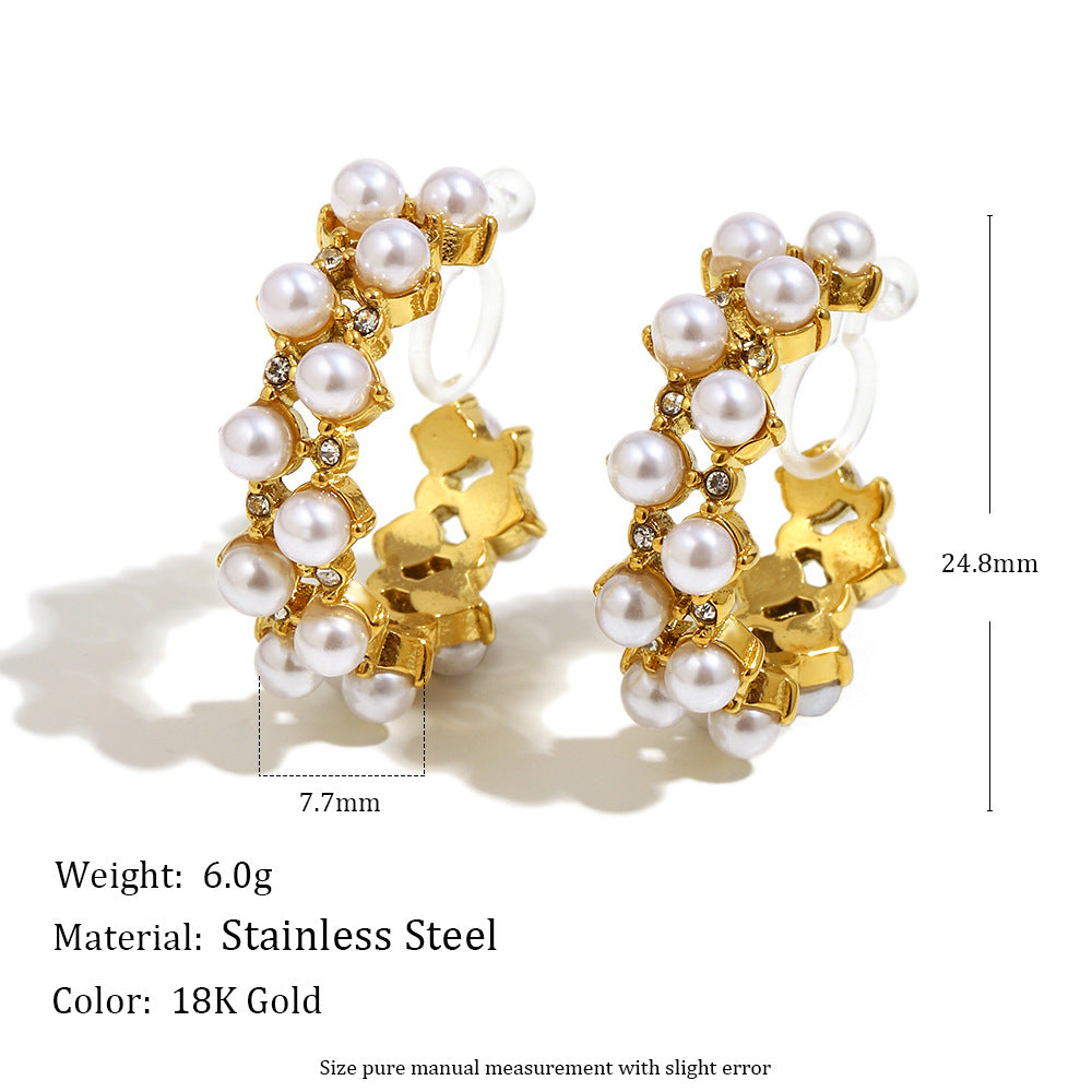 Fashionable Geometric Stainless Steel Plated 18K Gold Zircon Flower Pearl Clip-On Earrings for Women