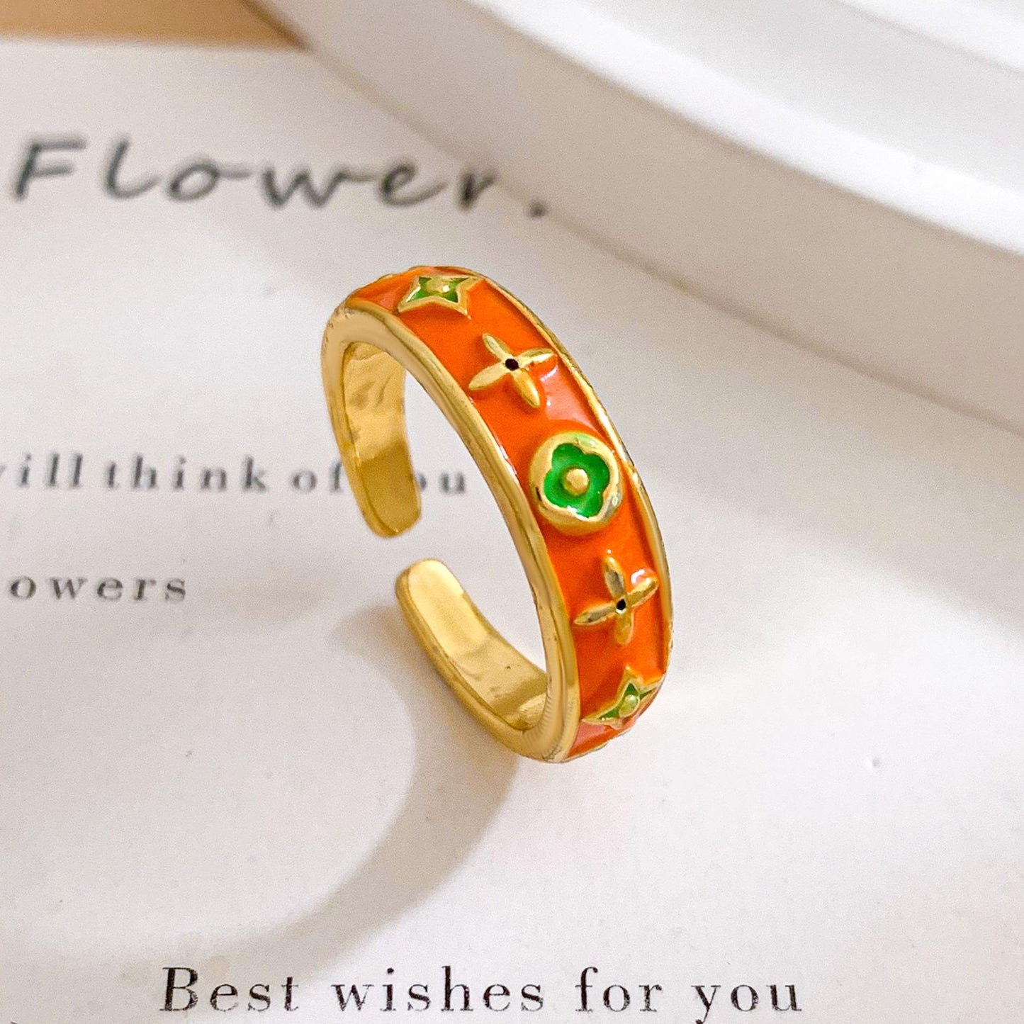 Anello aperto dolce floreale in ottone placcato oro da donna