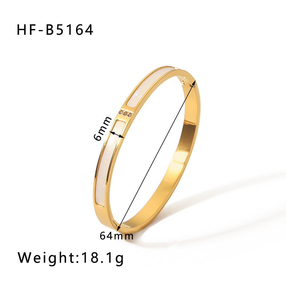 Minimalist Titanium Steel Bracelet with White Abalone Inlay and Rhinestone Accents, 18K Gold Plated for Fade-Resistant Finish