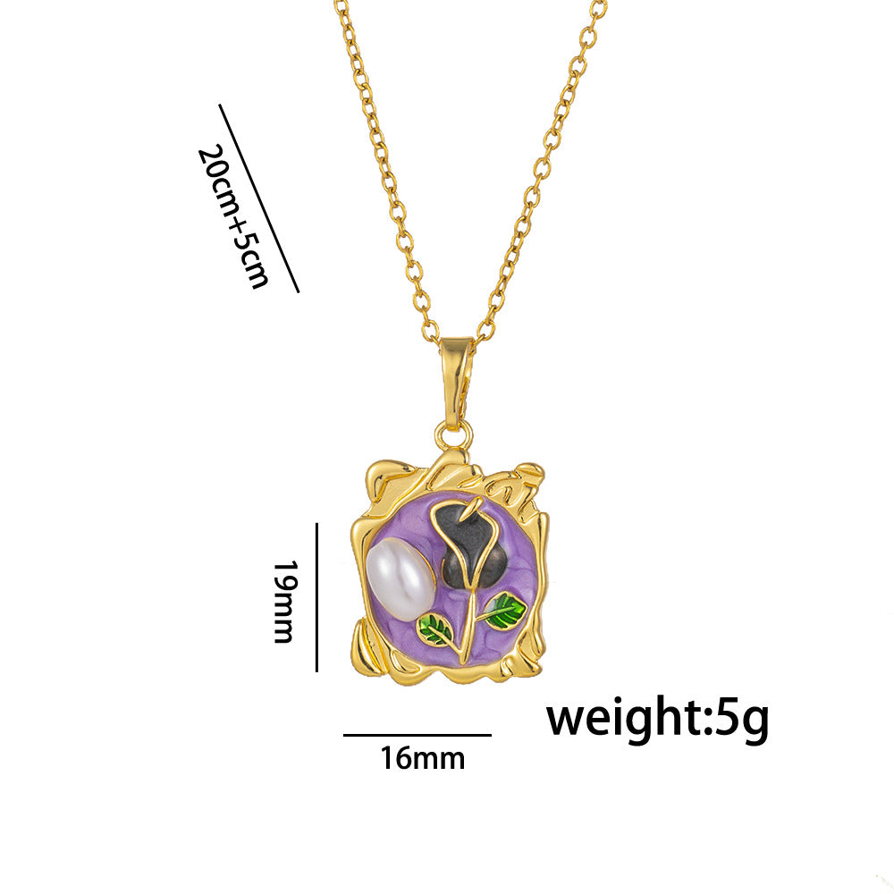 Elegant French Vintage Enamel Tulip Pendant Necklace in Titanium Steel with Gold Inlay on O-Chain for Women