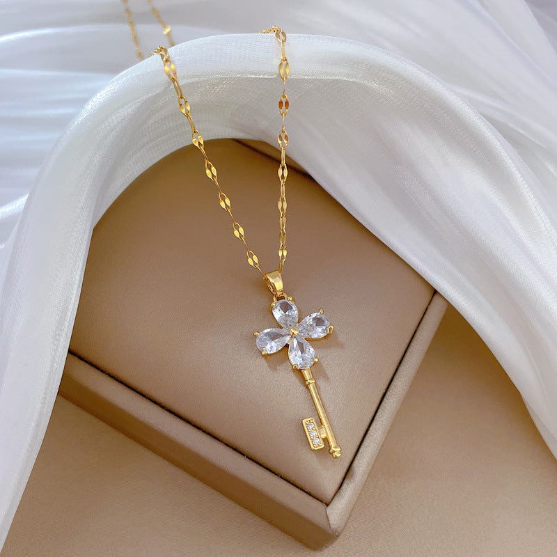 Luxury Floral Design Titanium Steel Geometric Pendant Necklace for Women Delicate Clavicle Chain in Deep Pink