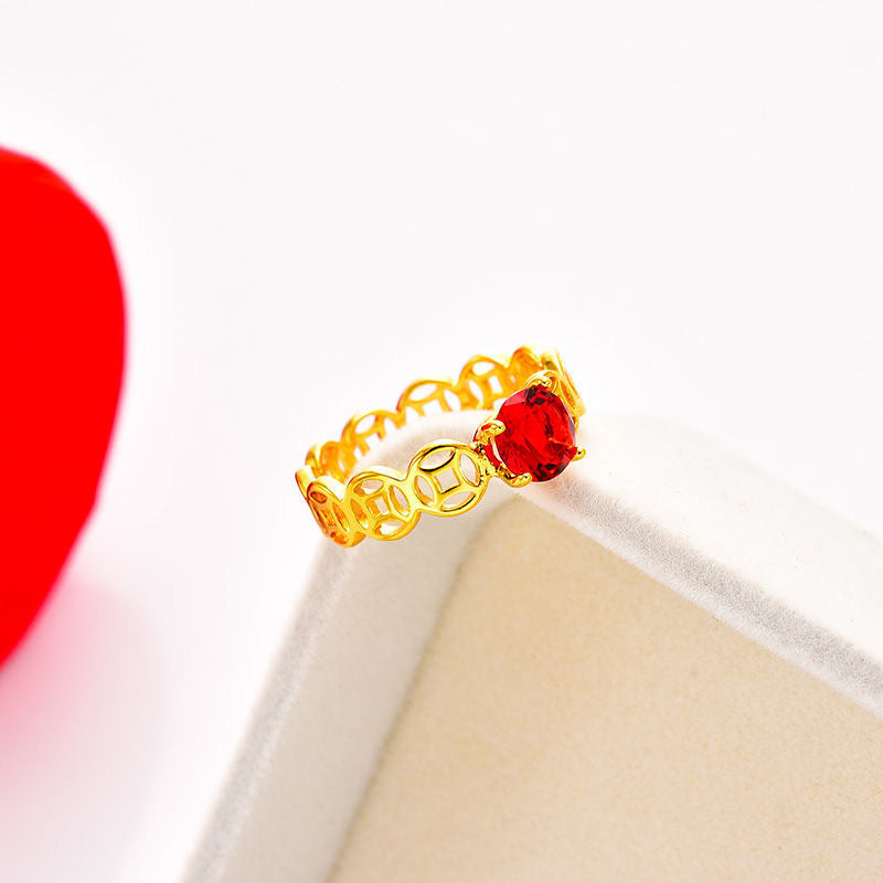 Minimalist Geometric Copper Coin Ring with Rhinestone Inlay and Gold Plating Adjustable Open Band for Women