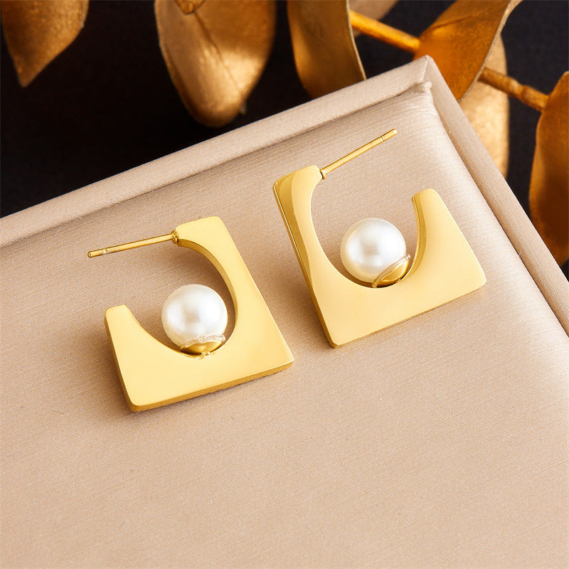 Irregular Shape Pearl Inlay Stainless Steel Plated Jewelry Set for Women Necklace Earrings Bracelet