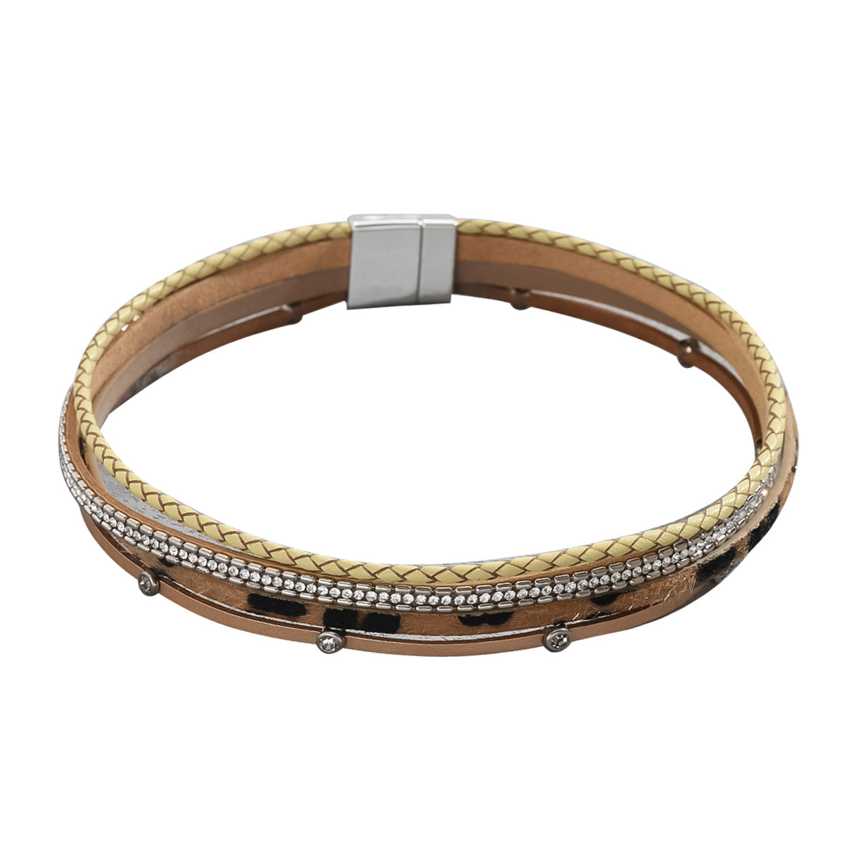 Pulsera de cuero geométrica vintage para mujer con incrustaciones de circonitas, joyería de mano apilable de varias capas