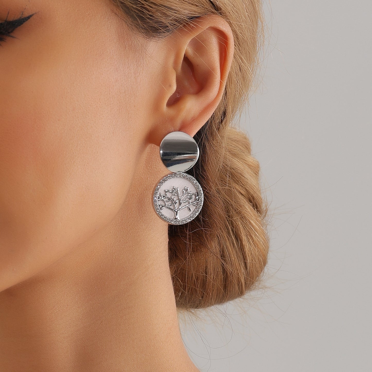 Vintage Geometric Life Tree Ring Set in Plated Metal with Imitation Mother-of-Pearl White Finish for Women