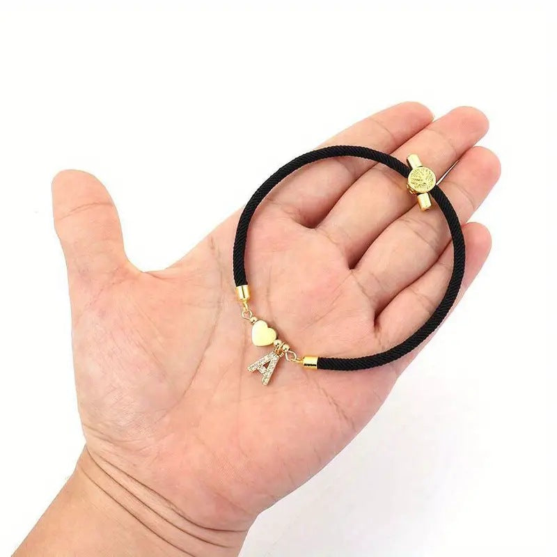 Minimalist Letter Heart Brass Plated Cubic Zirconia Bracelet with Adjustable Black Cord for Women