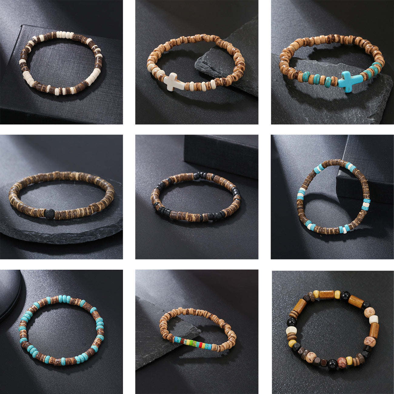 Minimalist Geometric Wood and Turquoise Beaded Bracelet for Men and Women