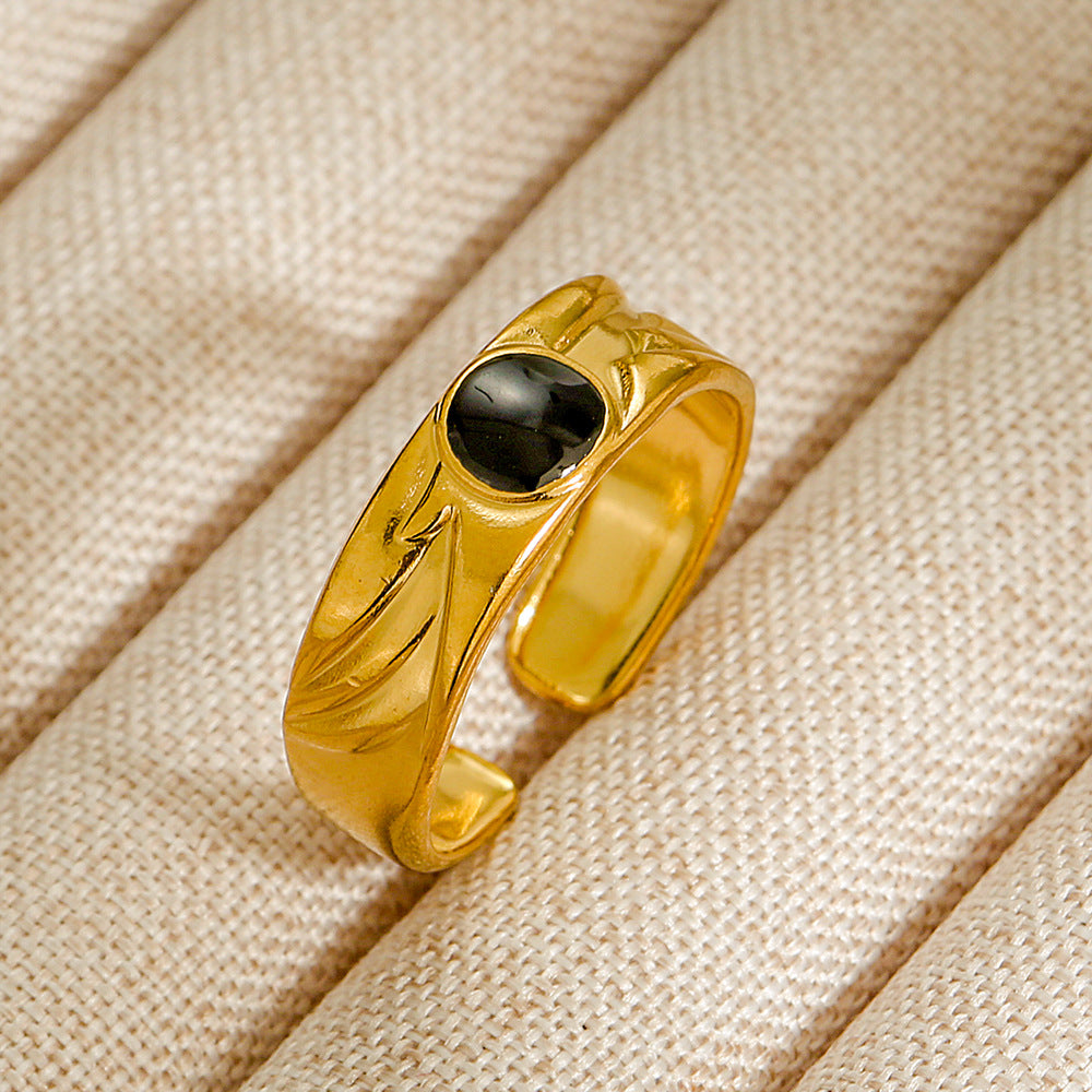 Vintage INS Style Stainless Steel Adjustable Ring with Natural Stone Inlay in Geometric Heart Zodiac and Animal Shapes