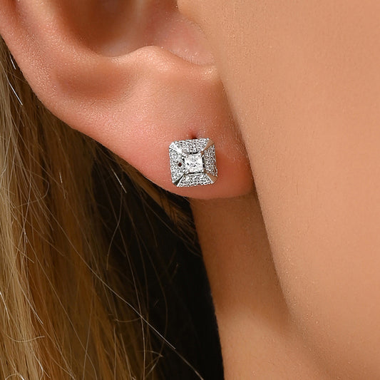 Orecchini a perno geometrici minimalisti con intarsio di zirconi su base in rame e perni in acciaio inossidabile da donna