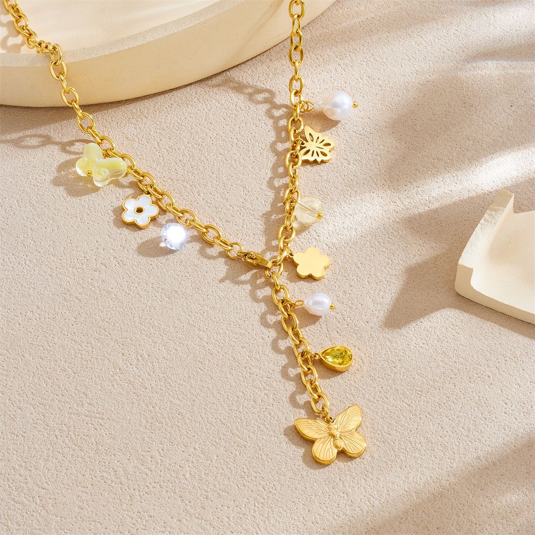 Casual Gold Plated Stainless Steel Star Cross Butterfly Pendant Necklace with Tassel Y-Chain