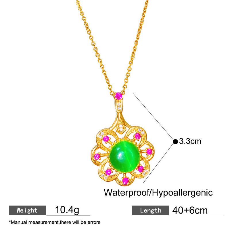 Sporty Sweet Rotatable Cat Eye Floral Heart Titanium Steel Necklace with Gold Plated Brass Pendant on Cable Chain