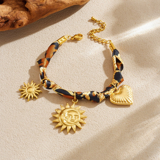 Bohemian Vintage Gold Plated Stainless Steel Leopard Print Heart Pendant Bracelet with Sun Element