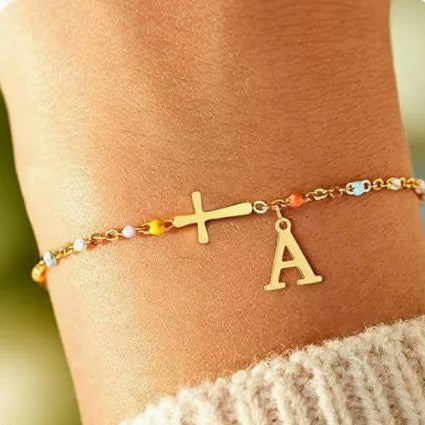 Colorful Drip Oil Plated Stainless Steel Letter Cross Bracelet for Women