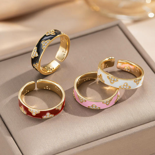 Anello Aperto da Donna Minimalista Vintage di Lusso Placcato Oro 18K con Fiore in Smalto e Zirconi Argyle