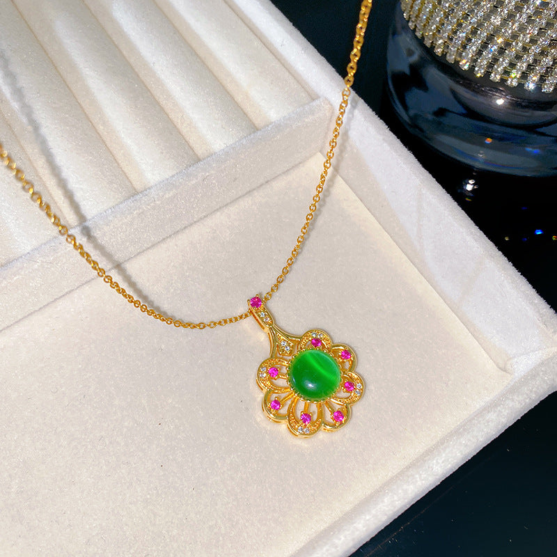 Sporty Sweet Rotatable Cat Eye Floral Heart Titanium Steel Necklace with Gold Plated Brass Pendant on Cable Chain
