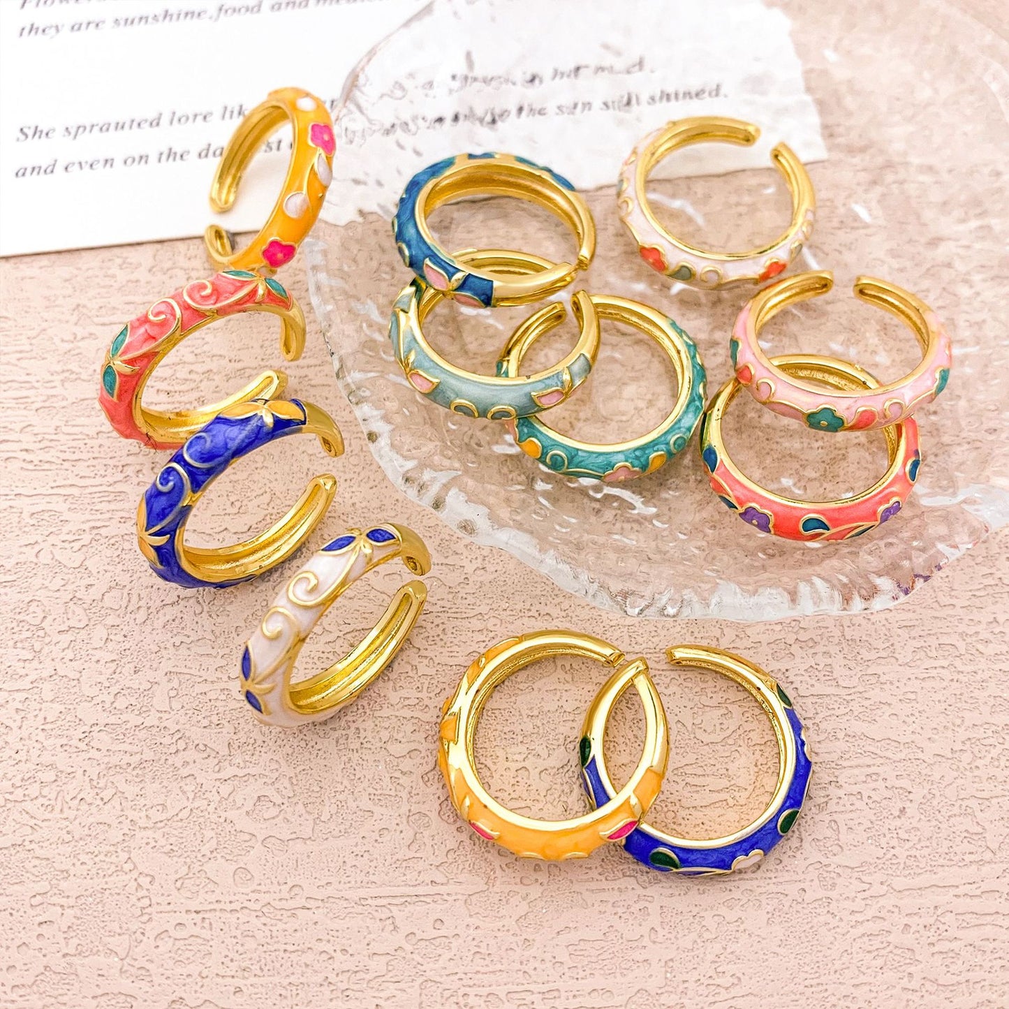 Sweet Elegant Gold Plated Enamel Floral Alloy Ring for Women
