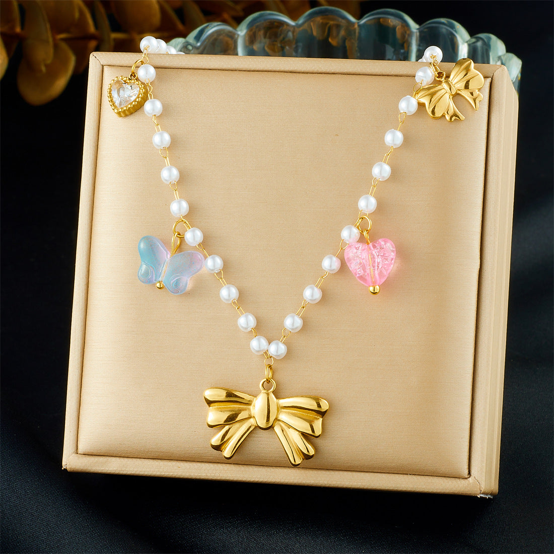 Vintage Elegant Heart Bow Stainless Steel Plated Pearl Ball Chain Necklace for Women