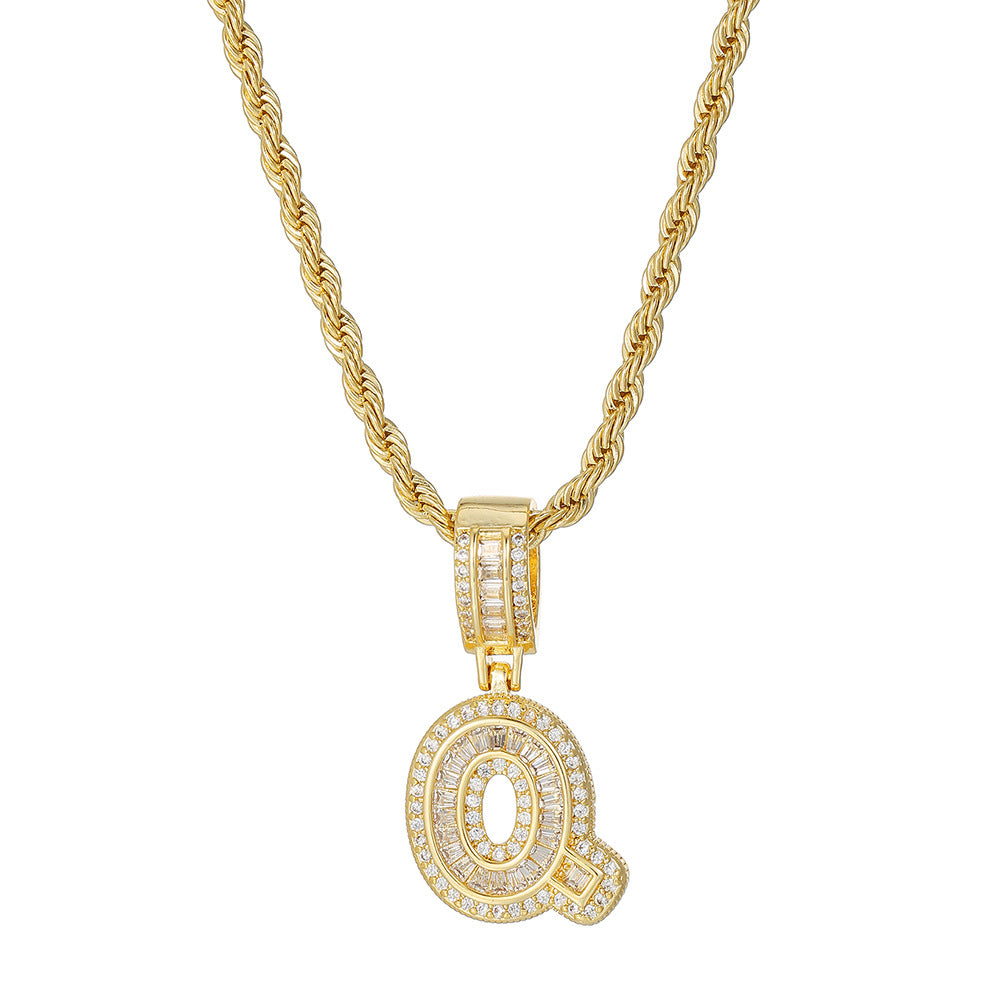 Personalized 18K Gold Plated Brass Cubic Zirconia Letter Pendant Necklace with Stainless Steel Rope Chain