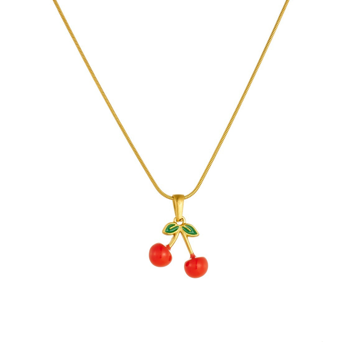 Sweet Drip Oil Cherry Fruit Plated Stainless Steel Necklace and Earring Set with Snake Chain