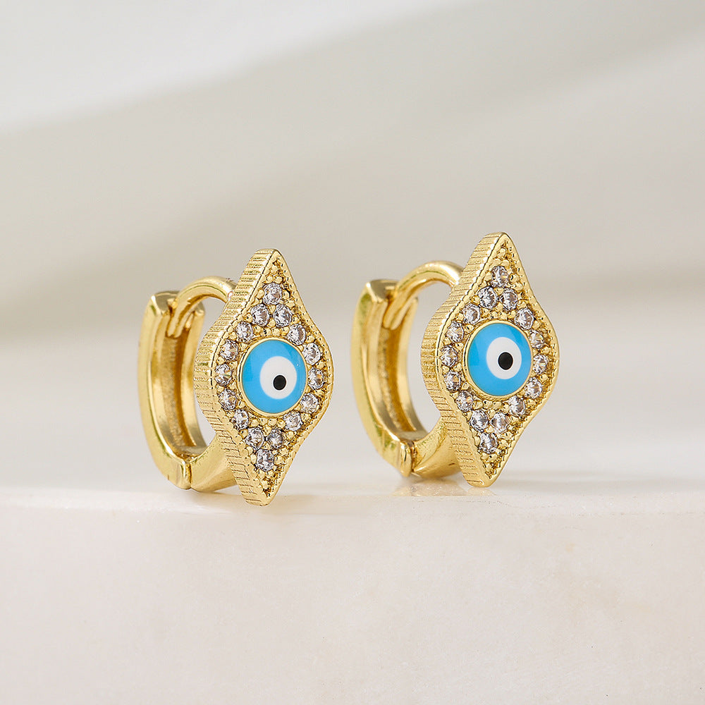Orecchini a Cerchio da Donna con Occhio di Allah Geometrico Minimalista in Rame con Placcatura in Oro 18K e Intarsio in Zirconia Smaltata