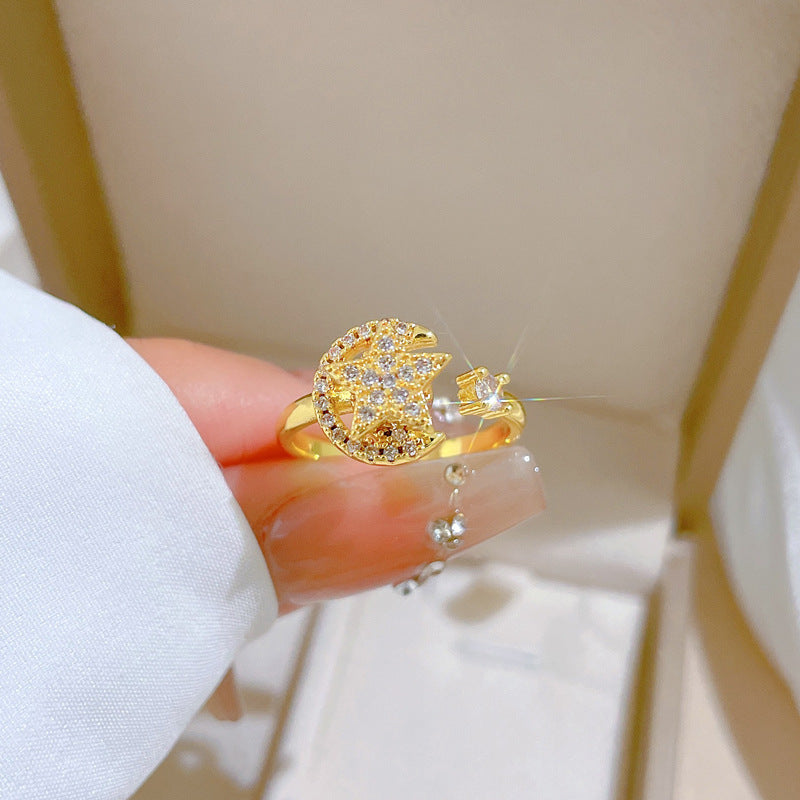 Minimalist Sweet Gold Plated Star Moon Brass Ring Adjustable