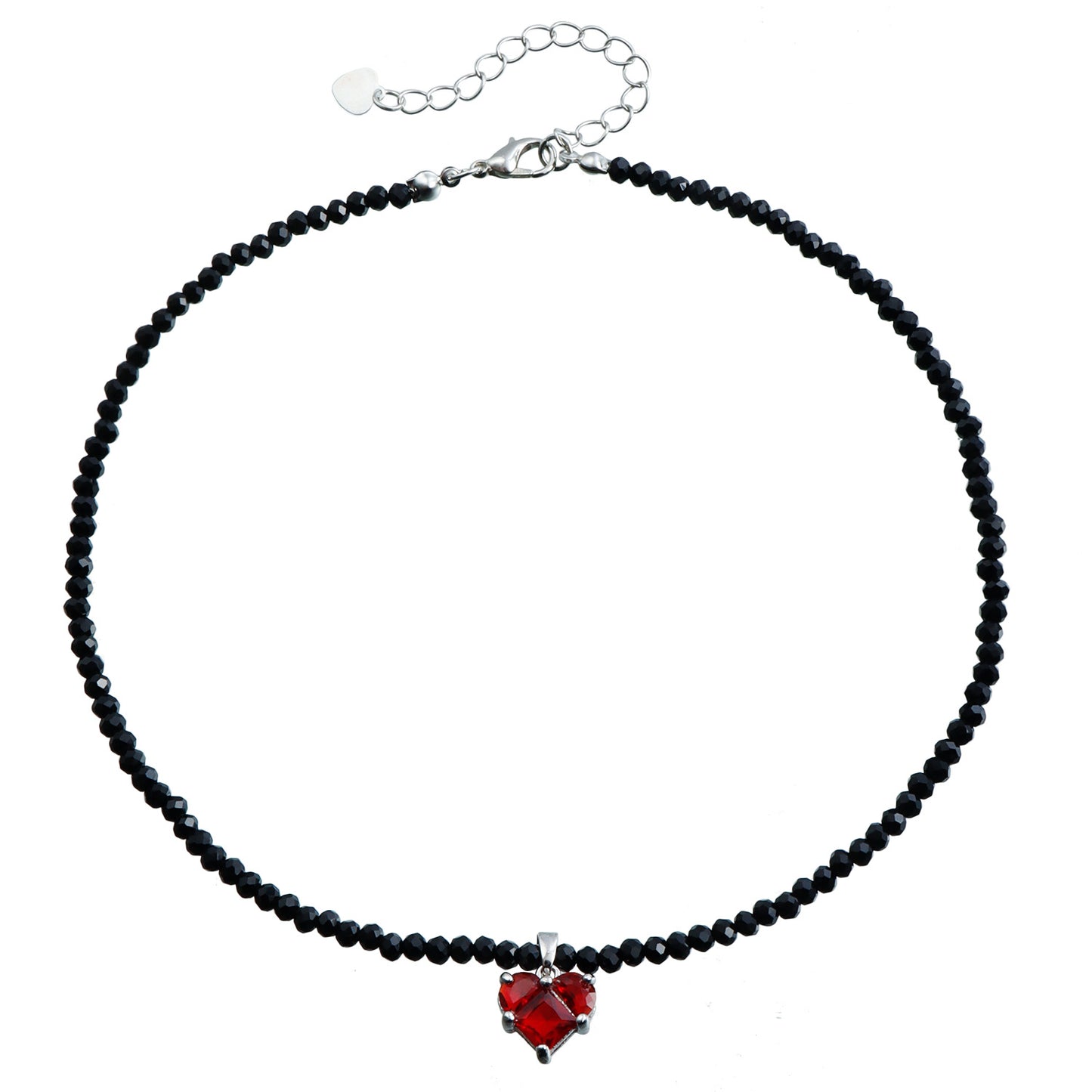 Fashionable Red Heart Zircon Pendant Necklace for Women with Electroplated Alloy and Black Crystal Beads on Clavicle Chain
