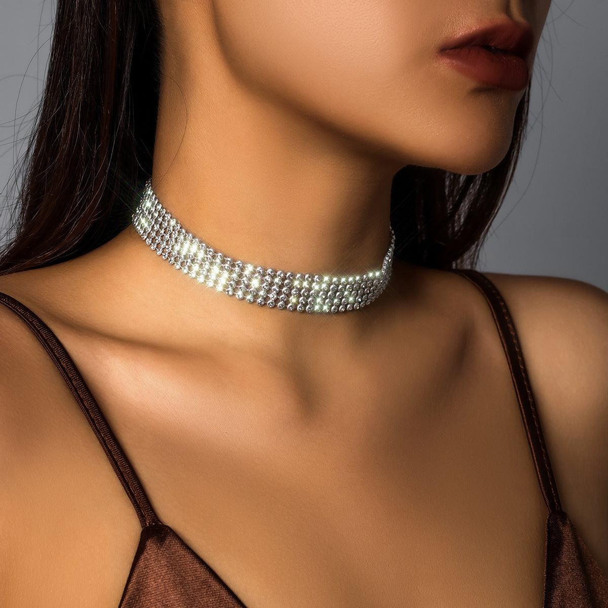 Luxury Geometric Rhinestone Inlay Plated Alloy Choker Necklace for Women