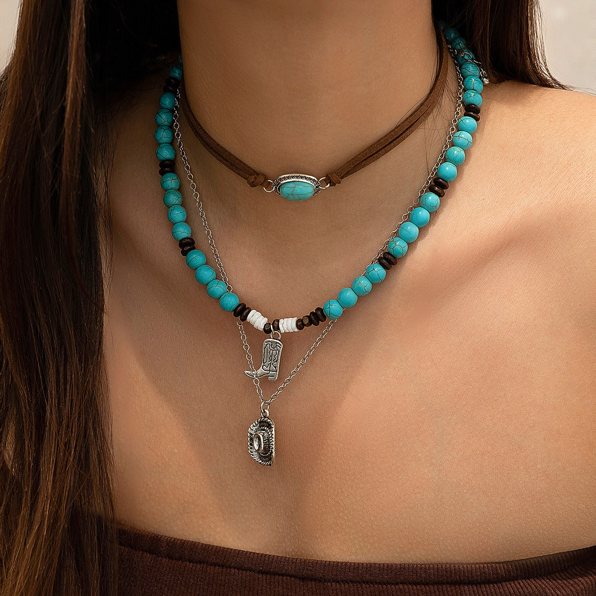 Set di collana con pendente geometrico vintage in lega di zinco con nappe e catena di perline da donna