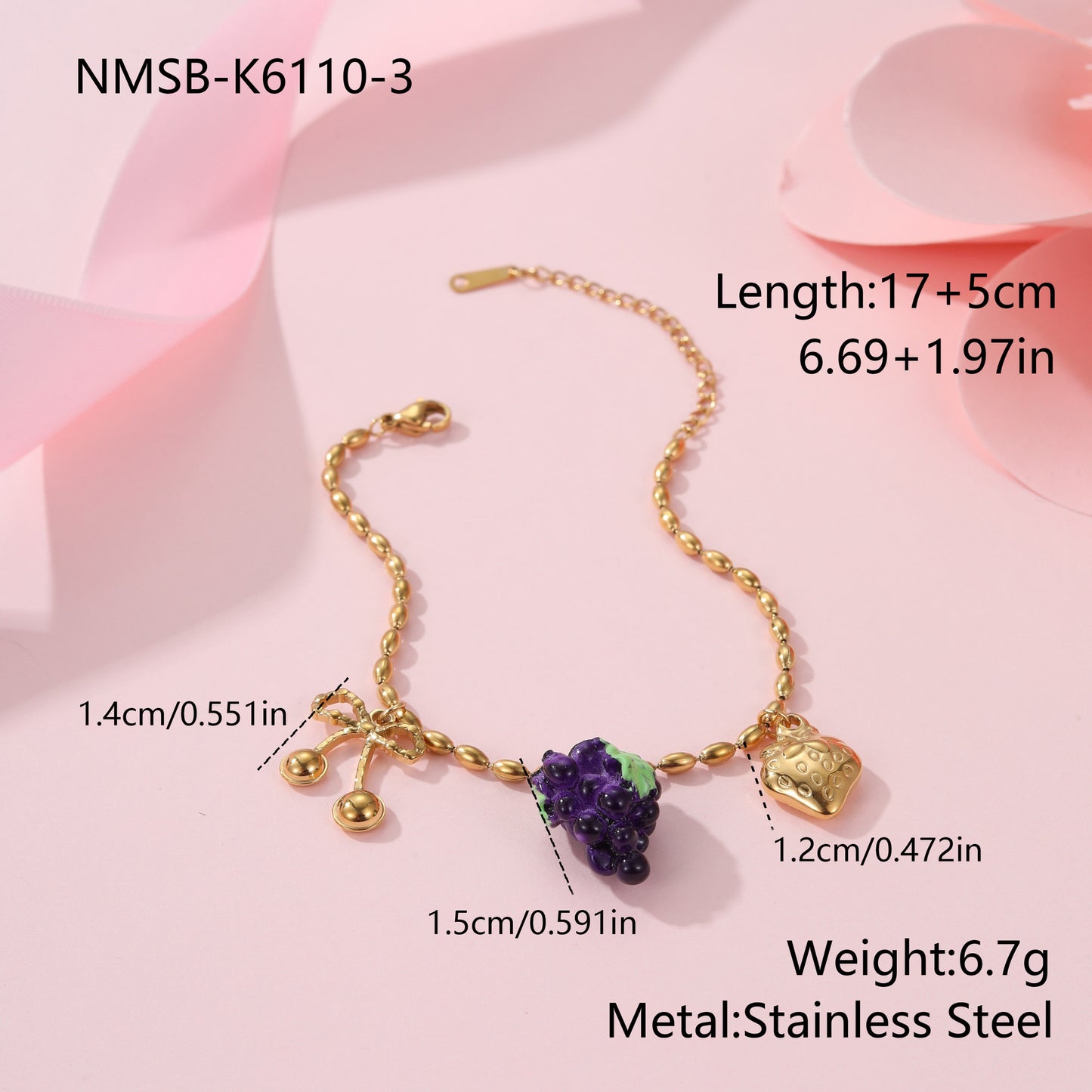Collana con Pendente in Acciaio Inossidabile a Forma di Frutta alla Moda con Finitura Placcata per Donne, Catena con Ciondolo a Limone, Fragola e Uva