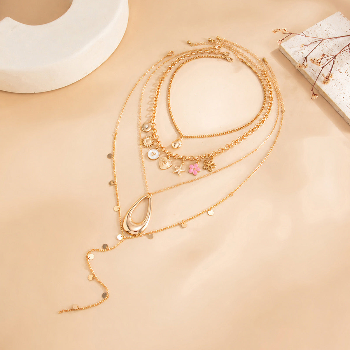 Sweet Drip Oil Heart Floral Star Zinc Alloy Pendant Multi-layer Necklace for Women