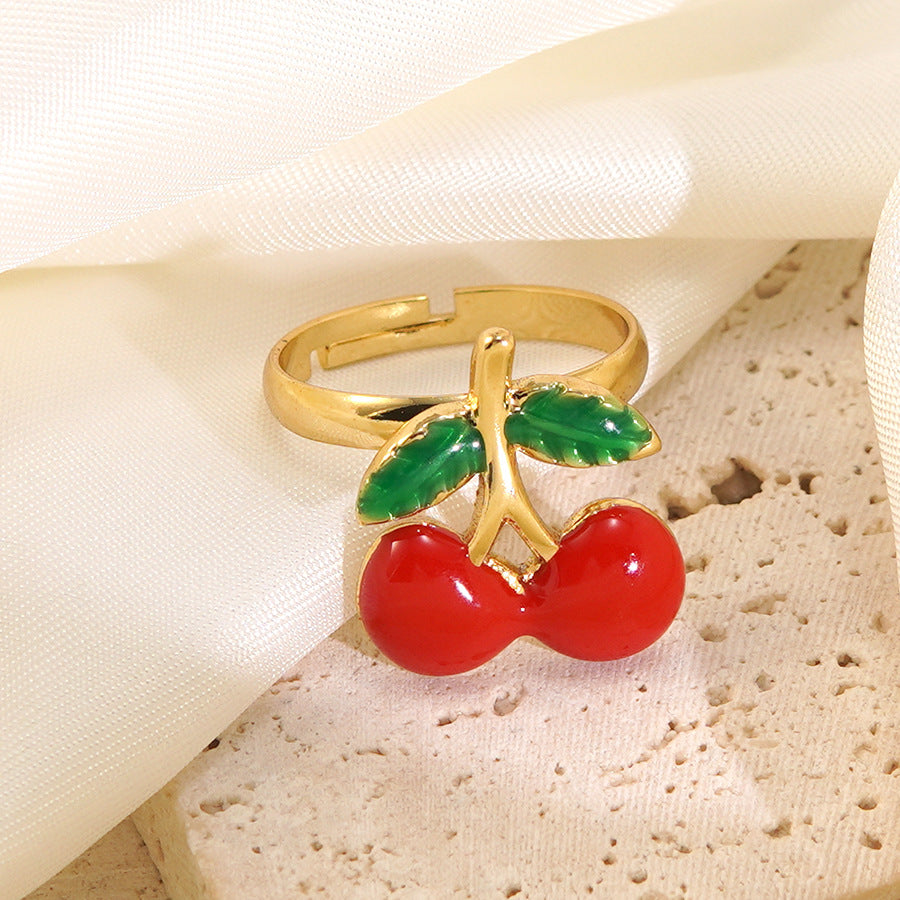 Sweet Drip Oil Stainless Steel Cherry Ring for Women