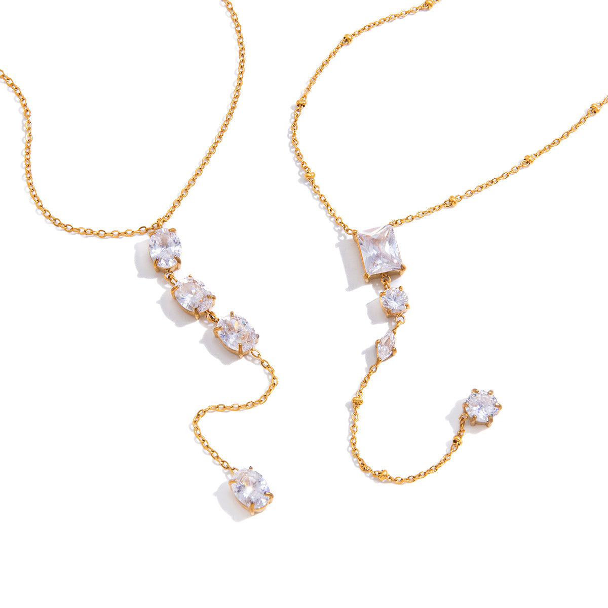 Elegant Minimalist Geometric Oval Cubic Zirconia PVD Gold Plated Stainless Steel Y-Chain Necklace for Women