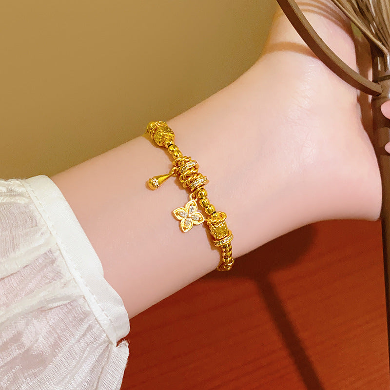 Elegante Bracciale Floreale Vintage Francese da Donna con Base in Rame Placcato Oro 24K e Intarsio di Zirconi, Gioielli Minimalisti di Lusso da Mano