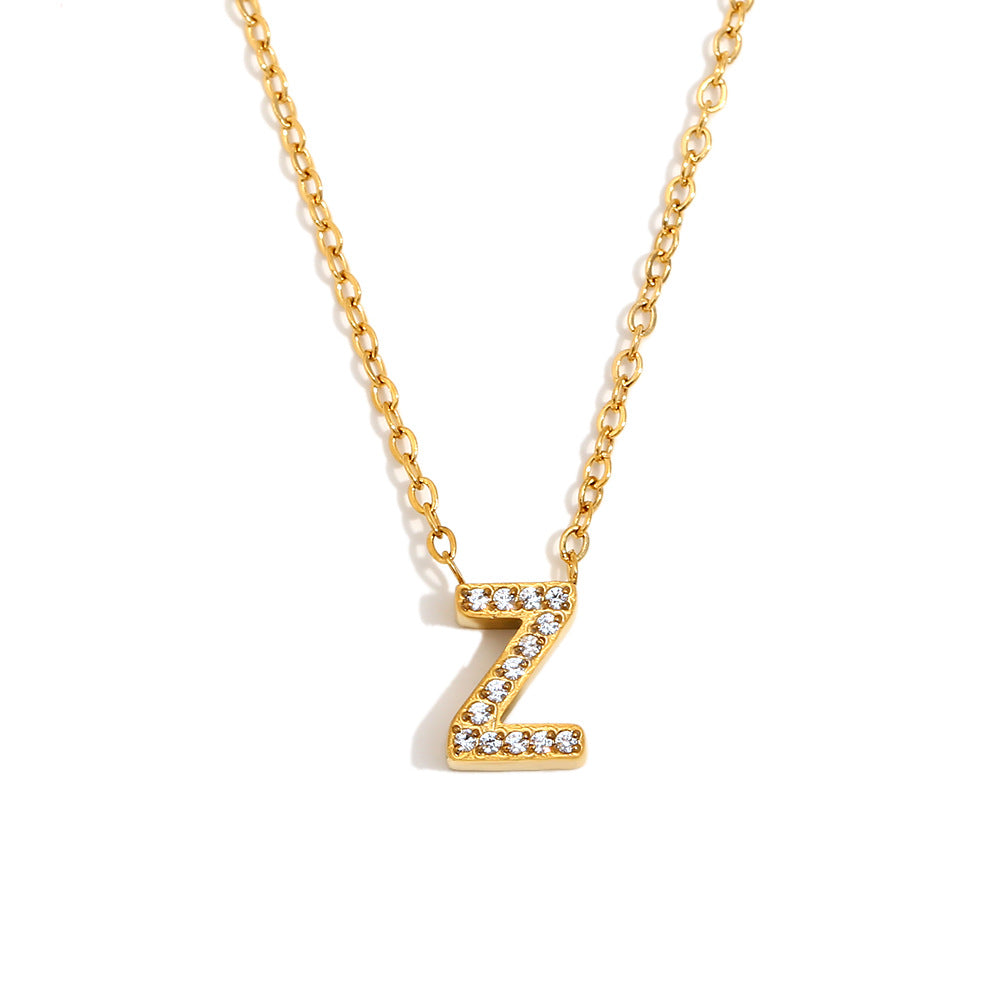 Minimalist Fashion Letter Pendant Necklace for Women Stainless Steel with 18K Gold Plating and Rhinestone Inlay