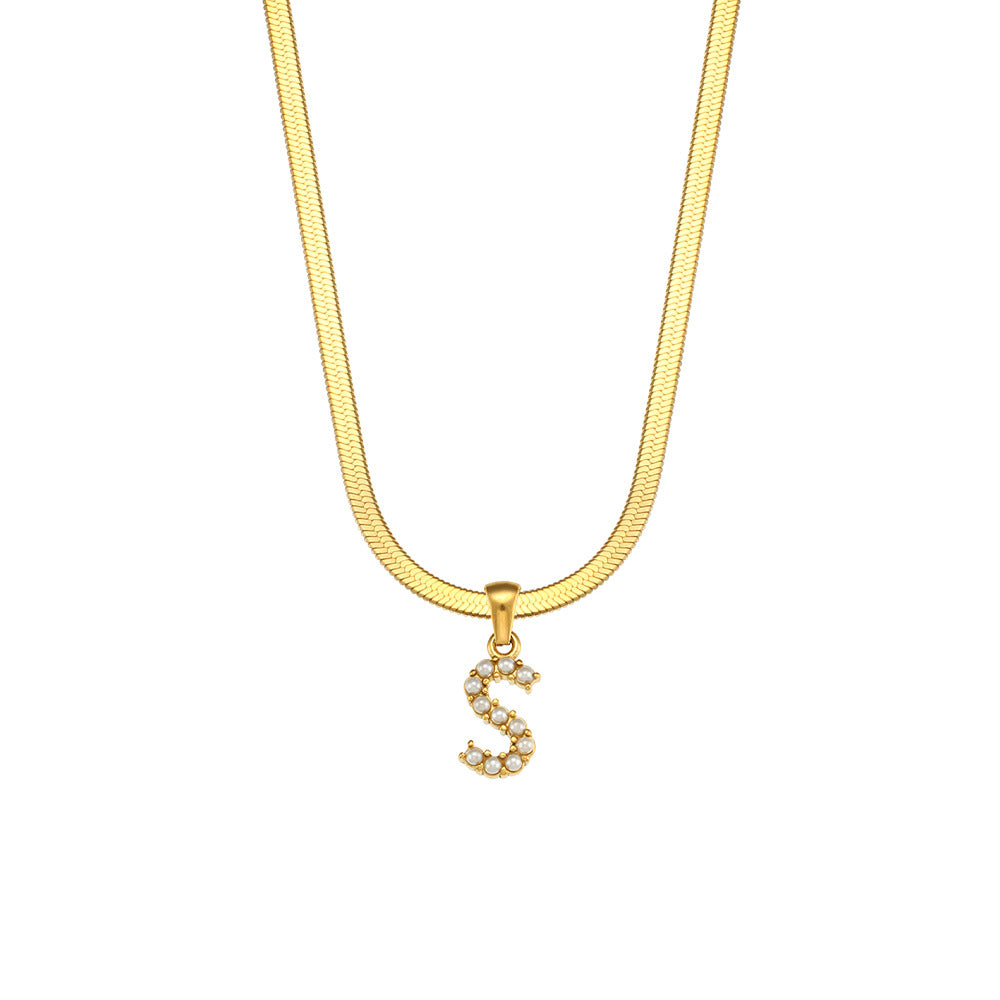 Fashionable Letter Pendant Necklace for Women Stainless Steel Plated 18K Gold Flat Snake Chain with Pearl Accent