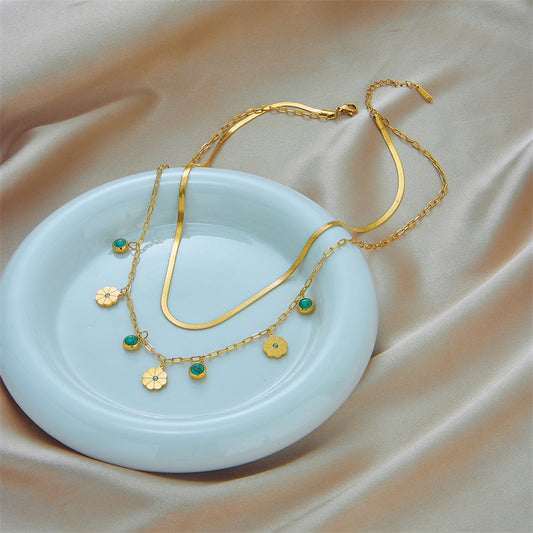 Minimalist Fashion Double-Layer Snake Chain Necklace with Turquoise Flower Pendant in Titanium Steel with Plating Finish