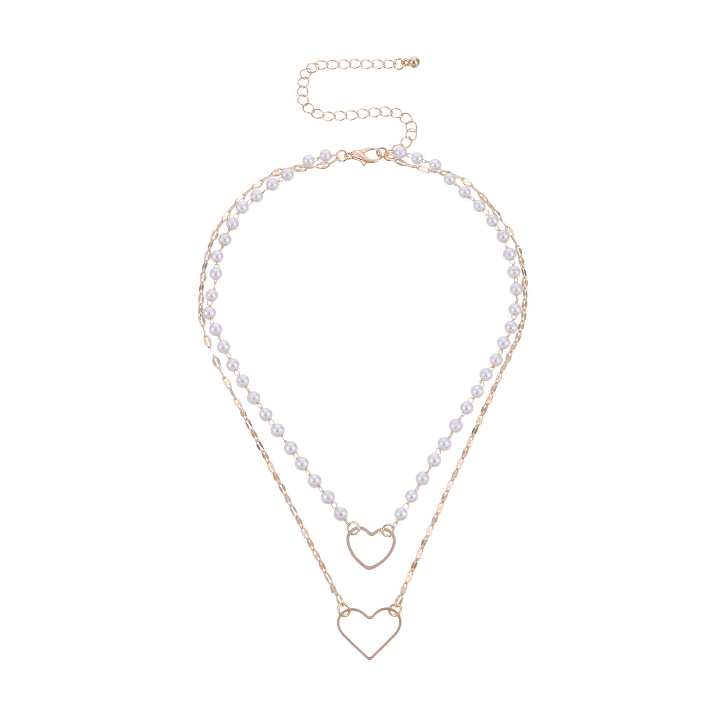 Fashion Heart-Shaped Alloy Pendant Necklace with Electroplated Finish and Double-Layer White Pearl Accents for Women