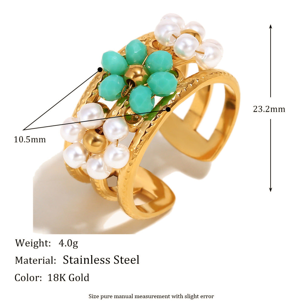 Bohemian Style Floral Geometric Stainless Steel Plated 18K Gold Adjustable Beaded Ring for Women
