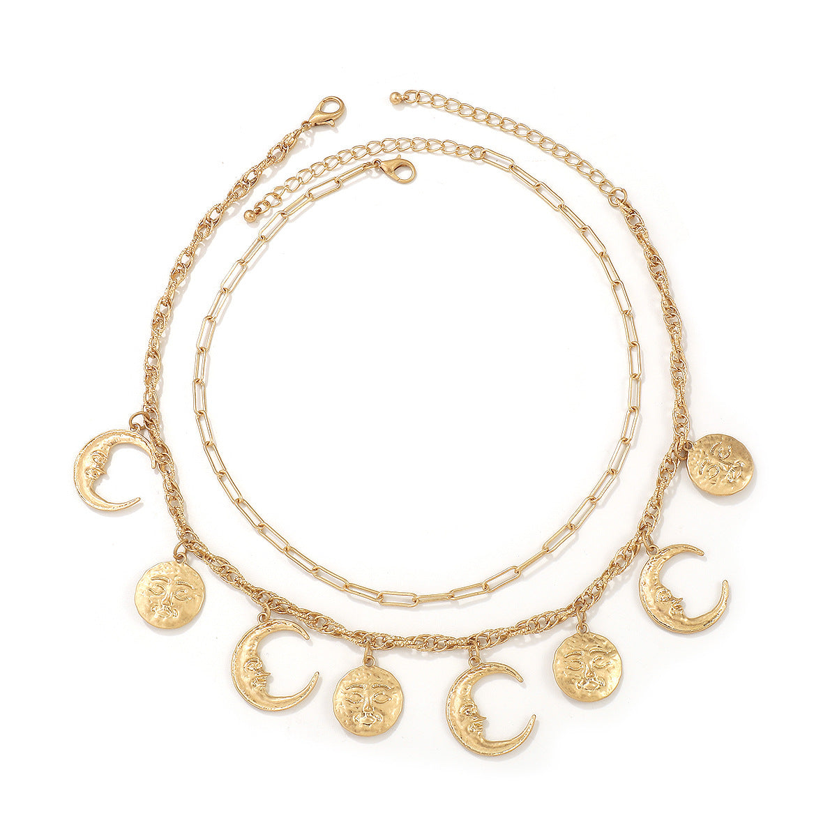 Retro Relief Sun and Moon Pendant Necklace for Women with Geometric Shape Alloy Chain in Electroplated Finish