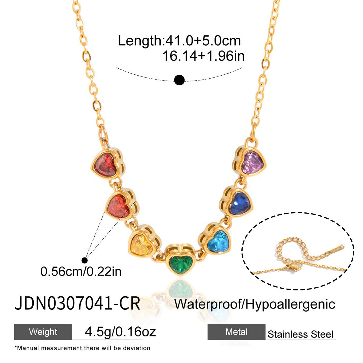 Minimalist 18K Gold Plated Geometric Heart Stainless Steel Necklace with Colorful Cubic Zirconia for Women