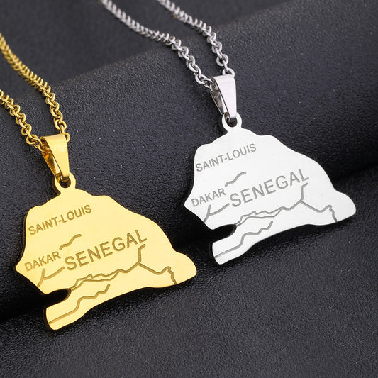 Collana con ciondolo a mappa geometrica del Senegal per donne e uomini in acciaio inossidabile con ciondolo in acciaio al titanio, accessorio di moda con catena a O galvanizzata